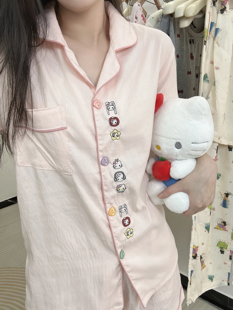 （带胸垫）韩系ins卡通粉色KT刺绣女夏季短袖睡衣套装睡衣夏季短袖