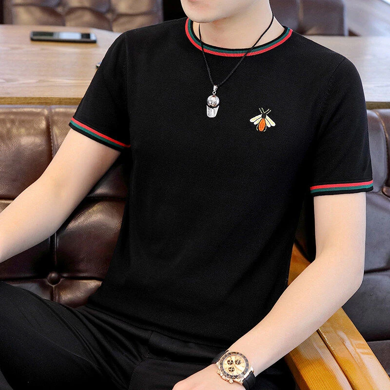 夏季男士T恤冰麻刺绣针织圆领套头短袖时尚潮流原宿风半截袖1809