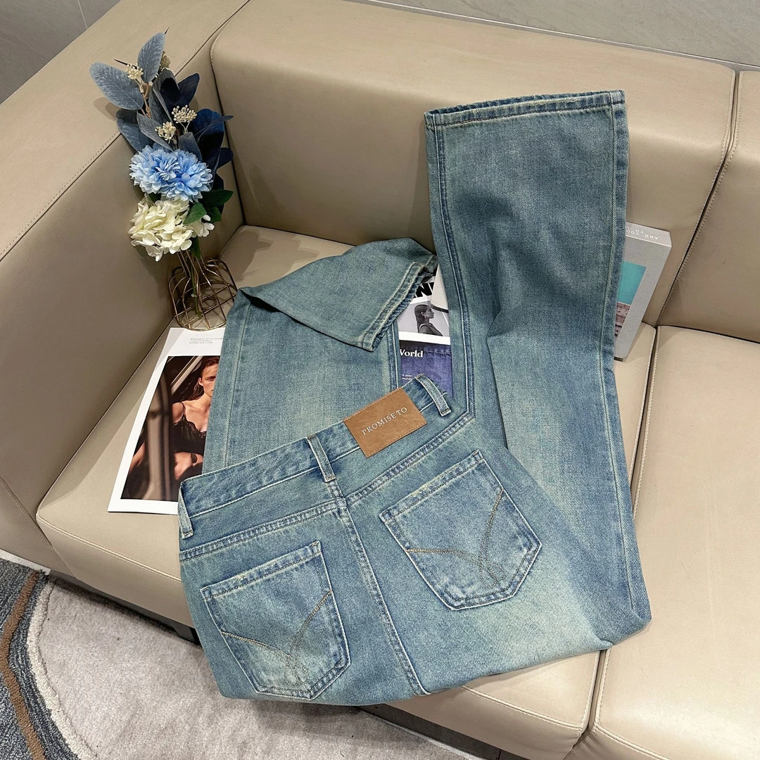 逸界(现货送运费险）2025 夏款雾霾蓝窄版阔腿高腰垂感直筒牛仔裤