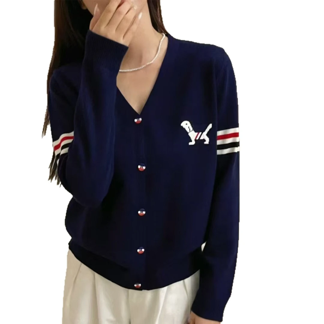 品牌时尚女装秋季时尚V领撞色小狗长袖针织开衫宽松外套上衣女