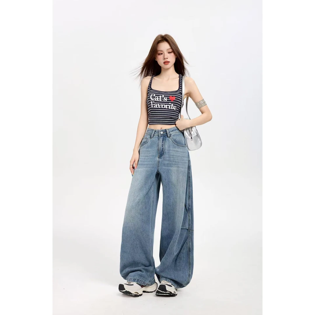 2025夏款无弹高腰阔腿蓝色大码显瘦显腿细休闲风水洗设计感女士长