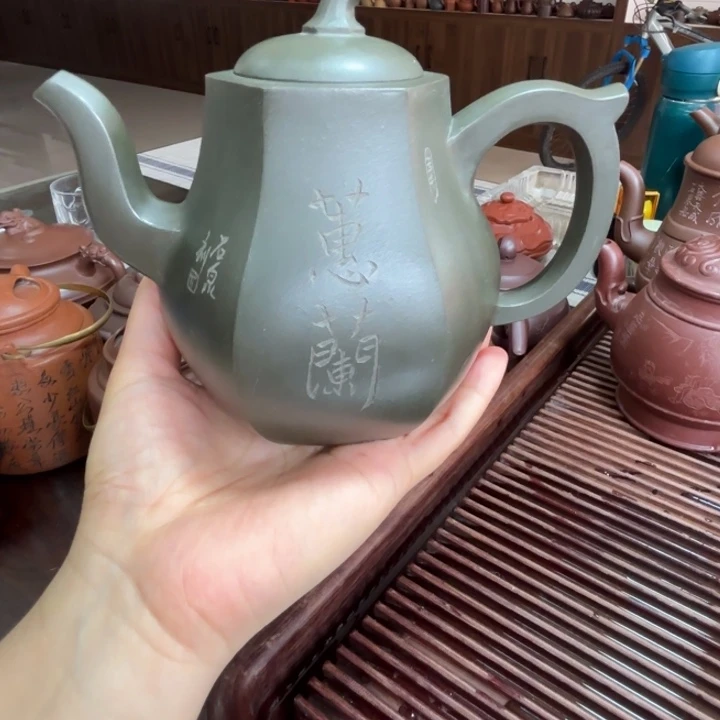 善***待茶壶紫砂绿泥茄瓜手工制作