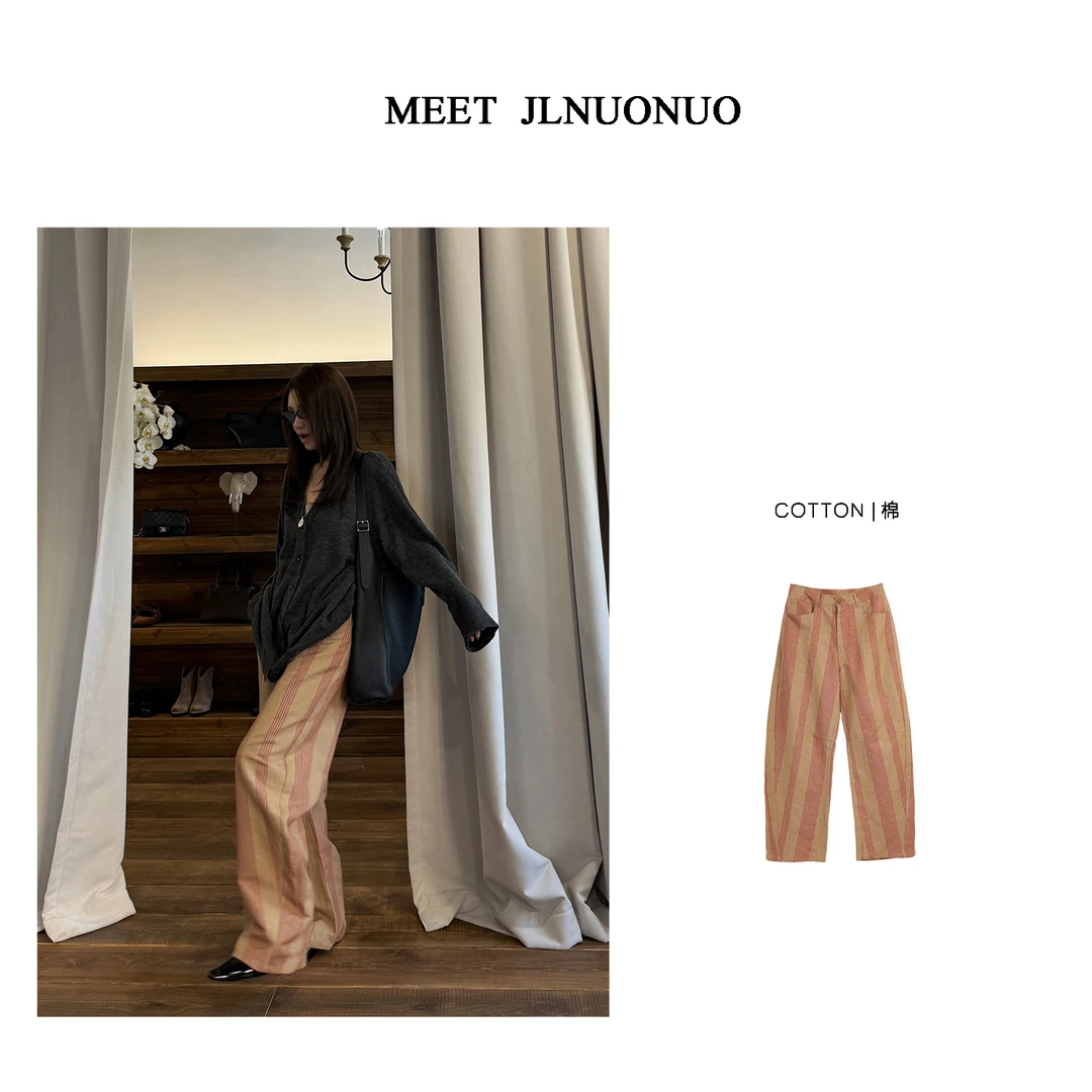 JLNUONUO   金属岁月高订麻料红条卡其阔腿裤