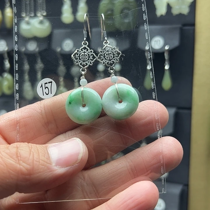 翡翠耳饰银S925镶嵌苹**开