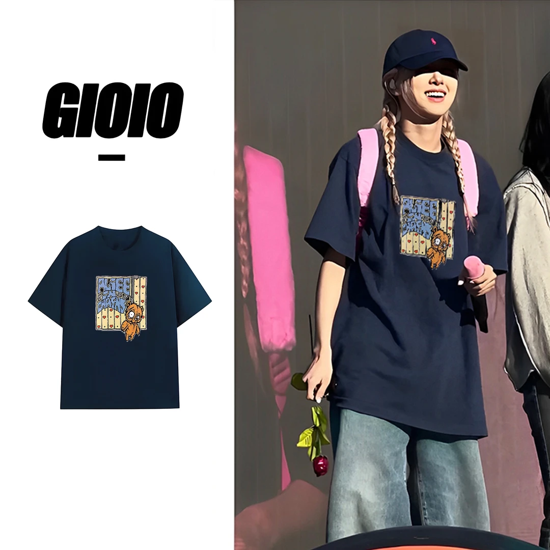 GIOIO夏季新款美式复古街头短袖t恤女休闲百搭纯棉半袖宽松上衣女