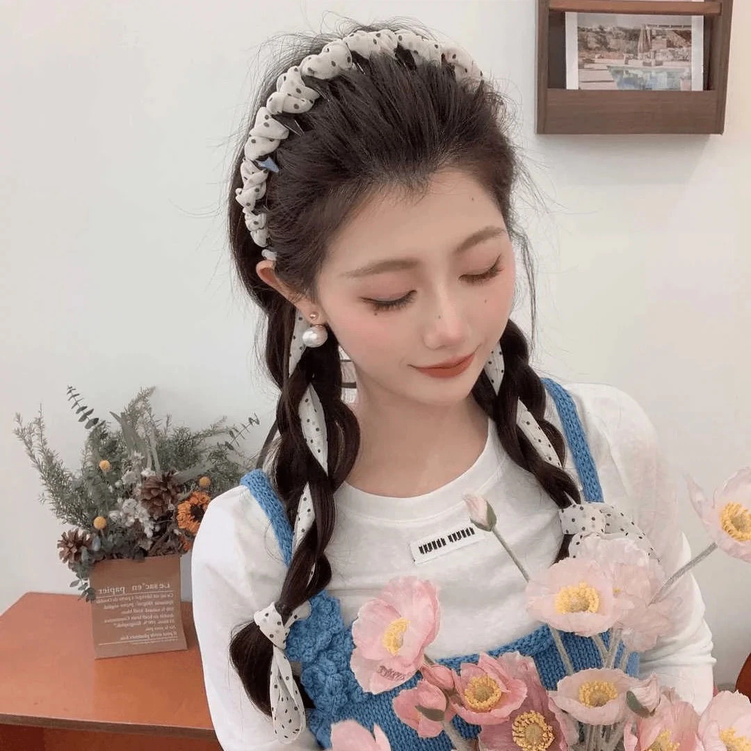 甜妹雪纺波点飘带发箍新款齿梳防滑高颅顶压发卡韩系麻花辫编发带