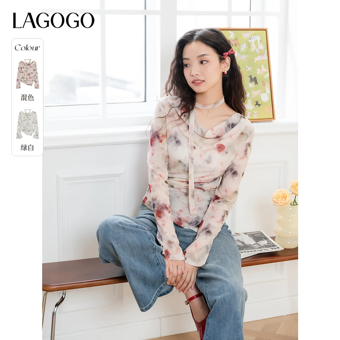 lagogo新款复古印花玫瑰气质显瘦上衣女OASS501G08