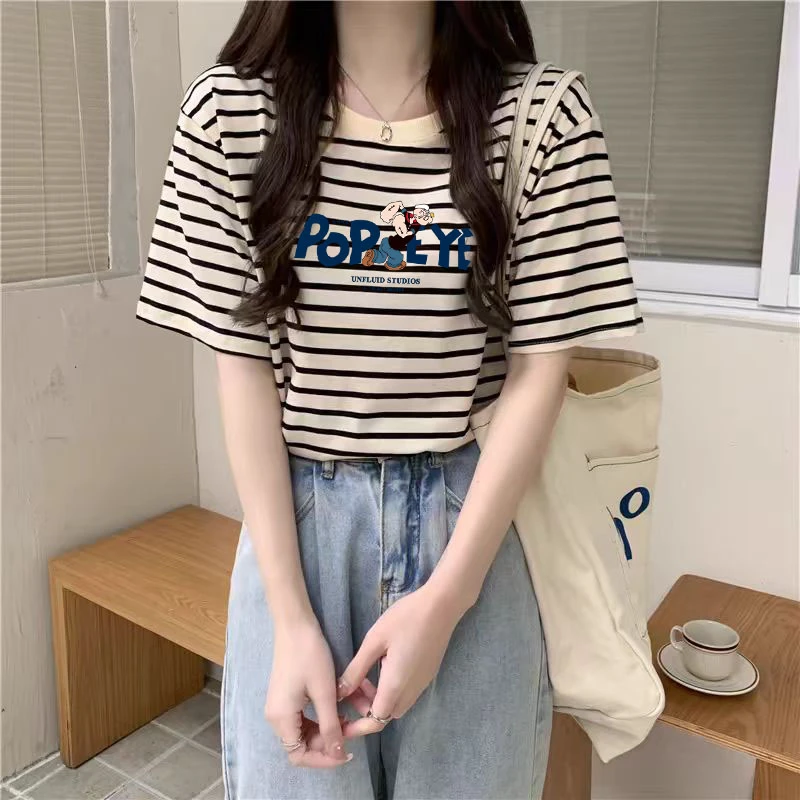 正肩显瘦条纹短袖女t恤2025新款时尚百搭撞色上衣内搭打底衫夏季
