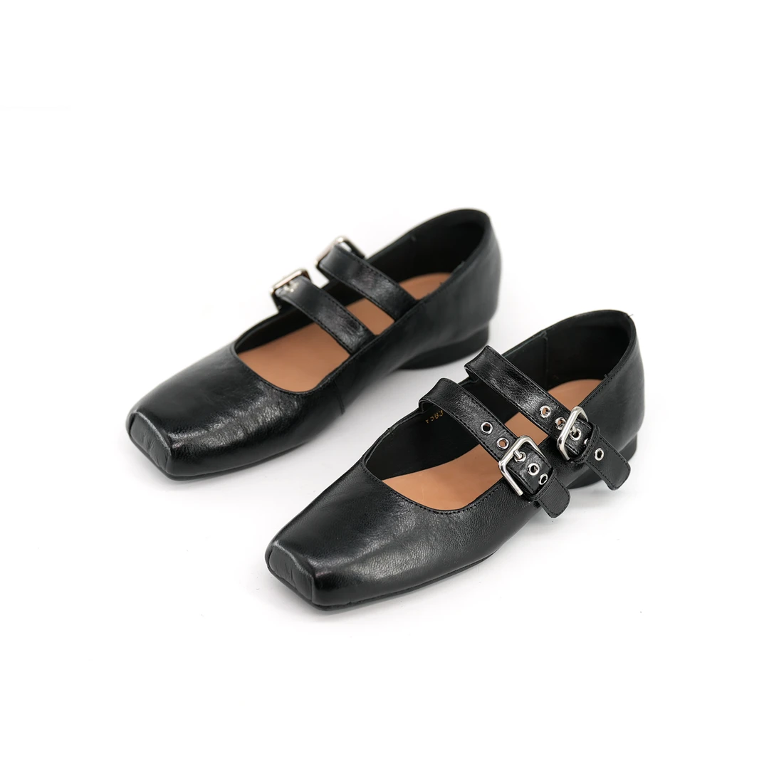 【小刚懂鞋】2025春夏新款时尚双带方头女士纯色平底真皮鞋Y563-8