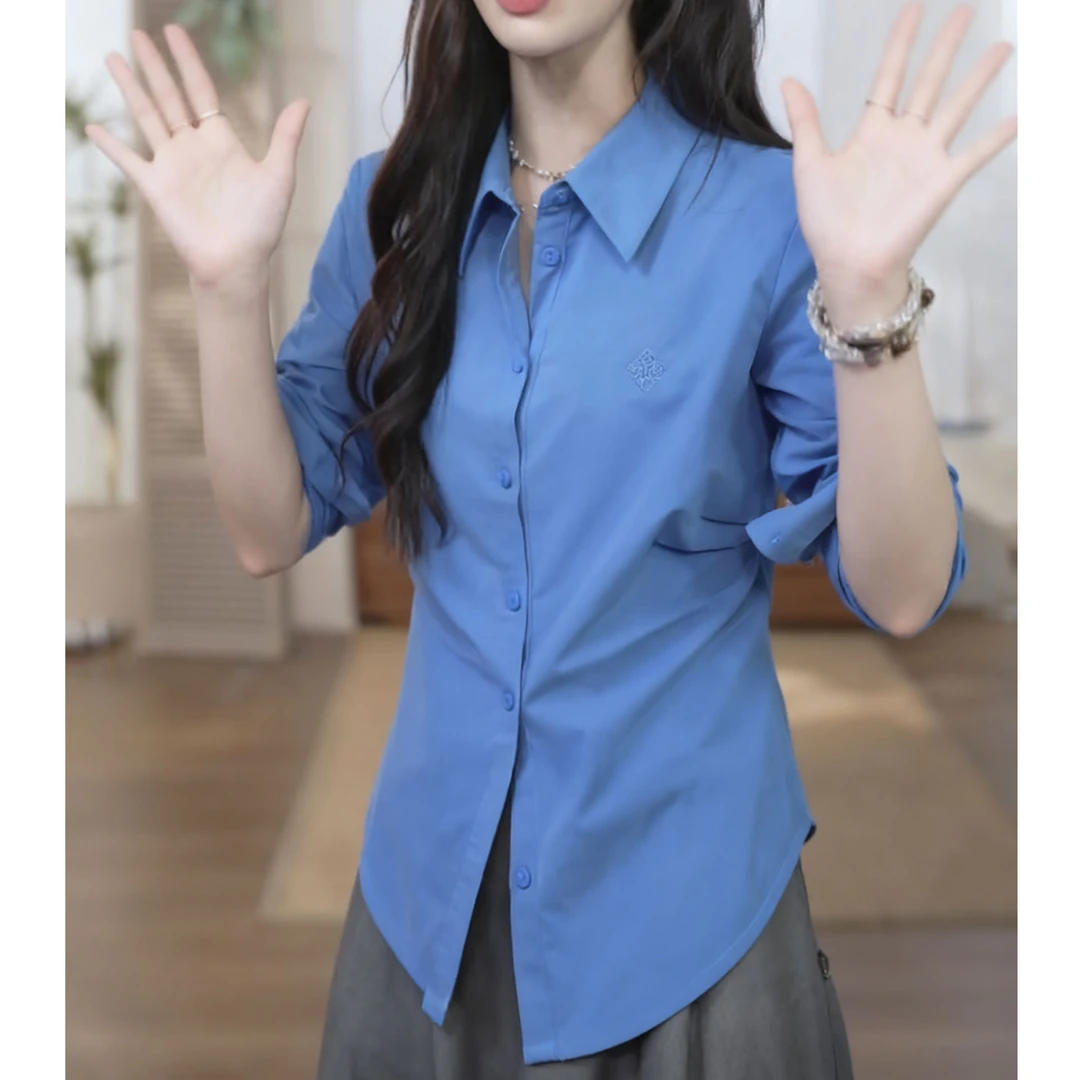 2025秋季通勤休闲长袖大码收腰上衣时尚纯色气质翻领百搭洋气衬衫