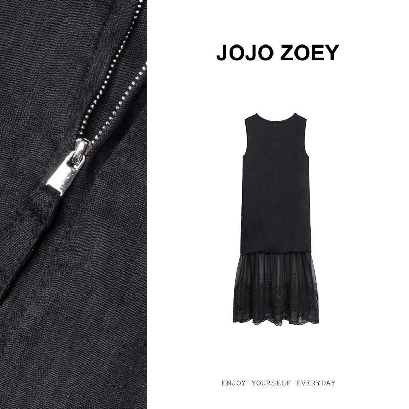 JOJO ZOEY【黑茶花蕾】~新款拼接蕾丝宽松显瘦无袖连衣裙lyq-3948