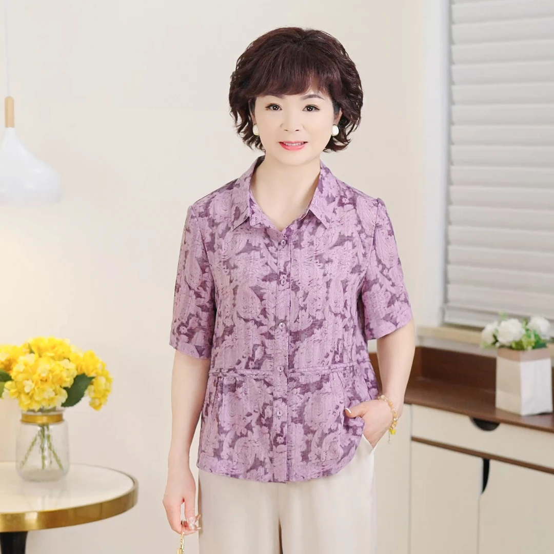 MUYUEZI/中年妈妈夏新款洋气中老年时尚大码显瘦短袖印花上衣套装