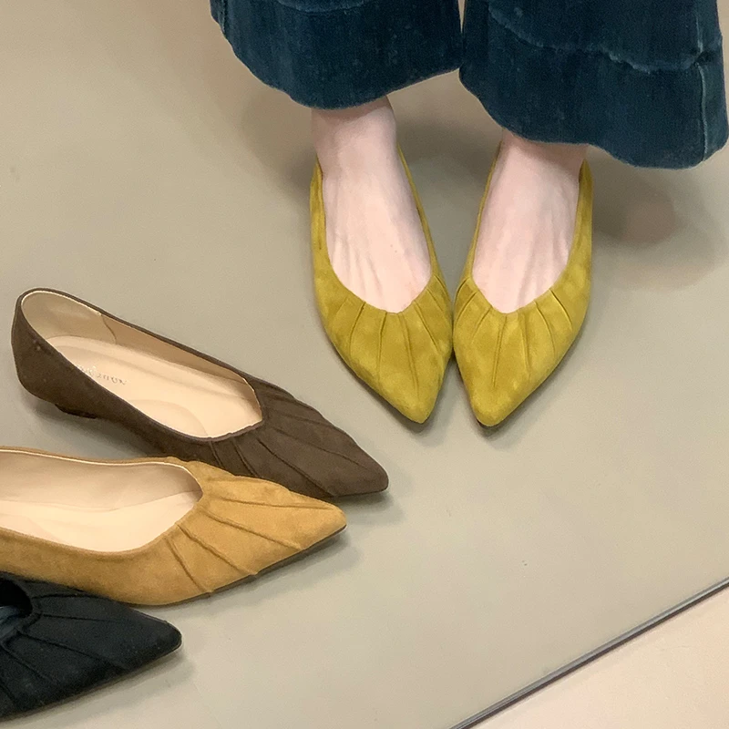 法式尖头褶皱复古浅口百搭单鞋2025新款百搭女士瓢鞋