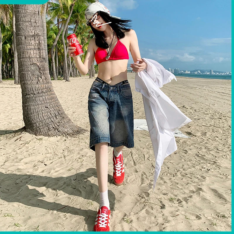 美式复古重工牛仔短裤2025夏季宽松低腰小个子深色牛仔短裤显瘦薄