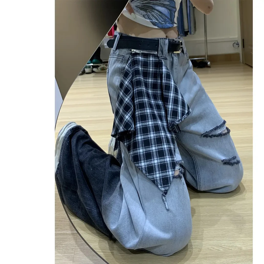 LDM/靓迪梦渐变破洞牛仔裤女夏新款高腰宽松阔腿直筒美式高街垂感