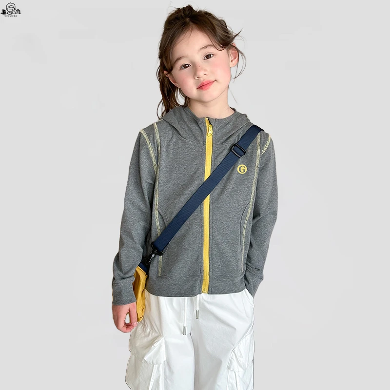 2025新版女童韩版洋气外套秋季休闲连衣帽卫衣撞色字母拉链衫上衣