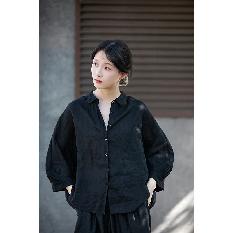 夏季新款文艺复古原创哑黑色亚麻轻薄宽松开衫小翻领女款防晒衬衫