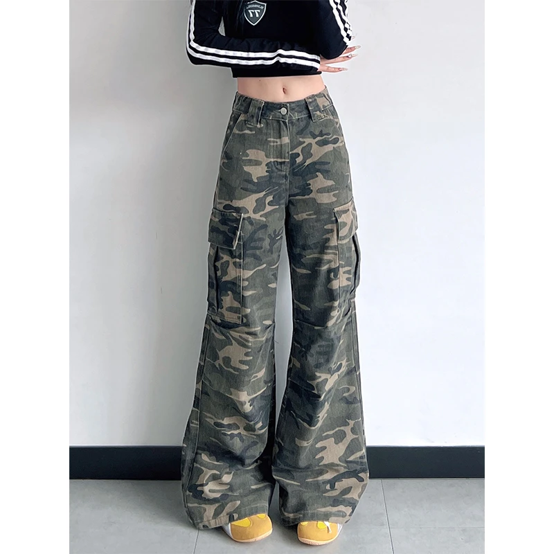 春夏175高个子美式设计感迷彩工装裤女直筒多口袋阔腿休闲拖地裤