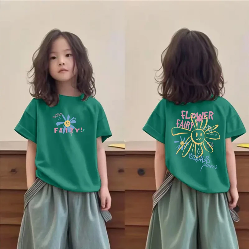 夏季女童新款洋气童装女孩纯棉小花卡通半袖中大童可爱短袖T恤潮