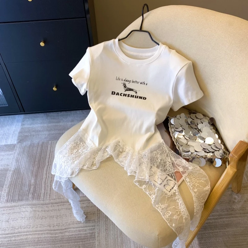 2025夏季新款韩版洋气时尚百搭ins蕾丝拼接字母印花短袖减龄T恤女