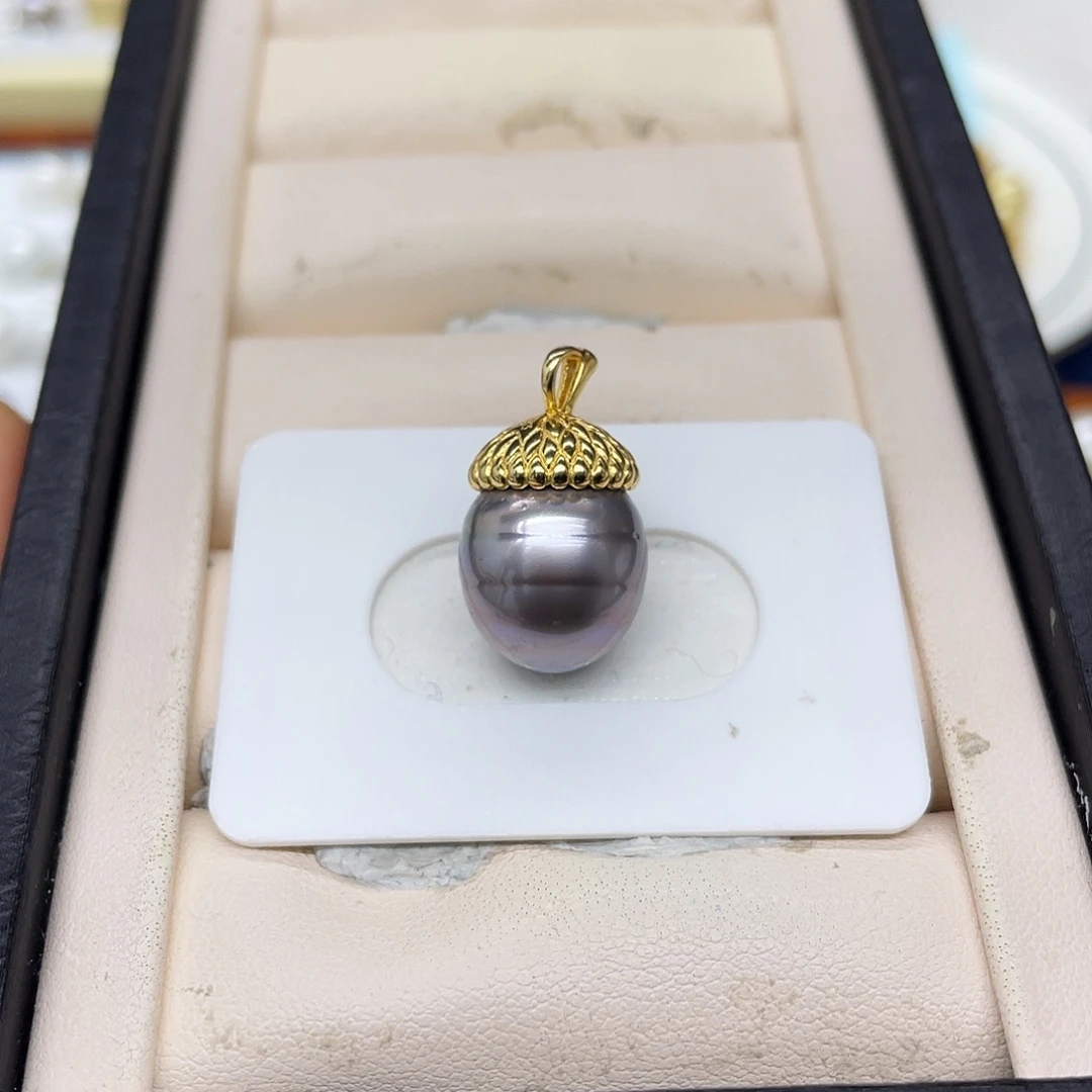 银S925镶嵌颈饰海水珍珠香芋紫色螺纹松果吊坠13.2mm