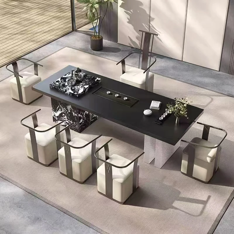 高档意式宝格丽黑亚克力脚岩板茶桌椅组合现代办公室家用新款茶桌