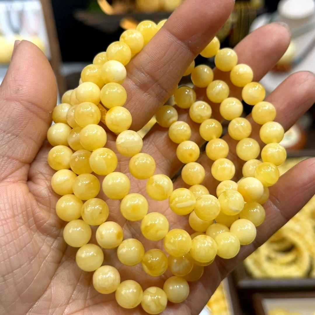 琥珀手链未镶嵌天然俄料鸡油黄妖白花圆珠手串8mm微瑕特价