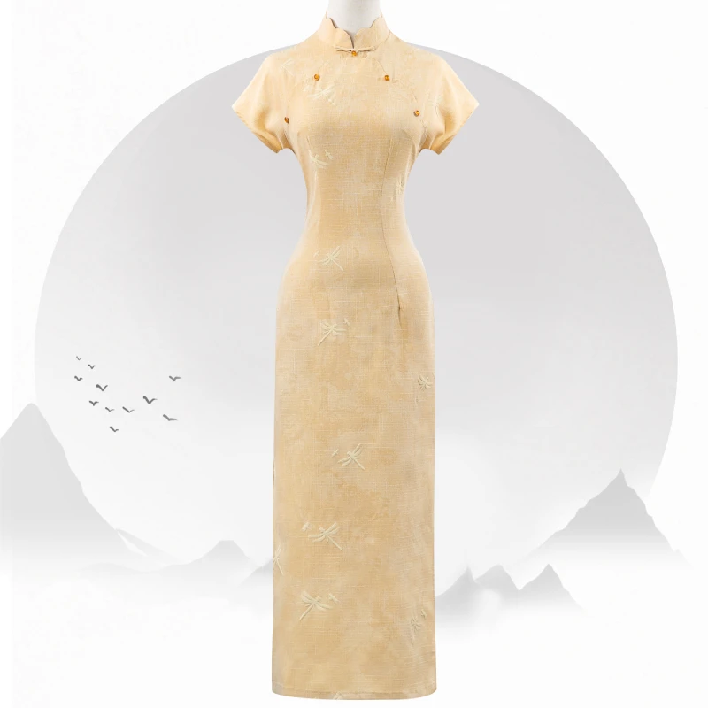 CT0092/3黄蕊粉花立体小蜻蜓暖色俏皮温柔减龄改良旗袍小个子日常