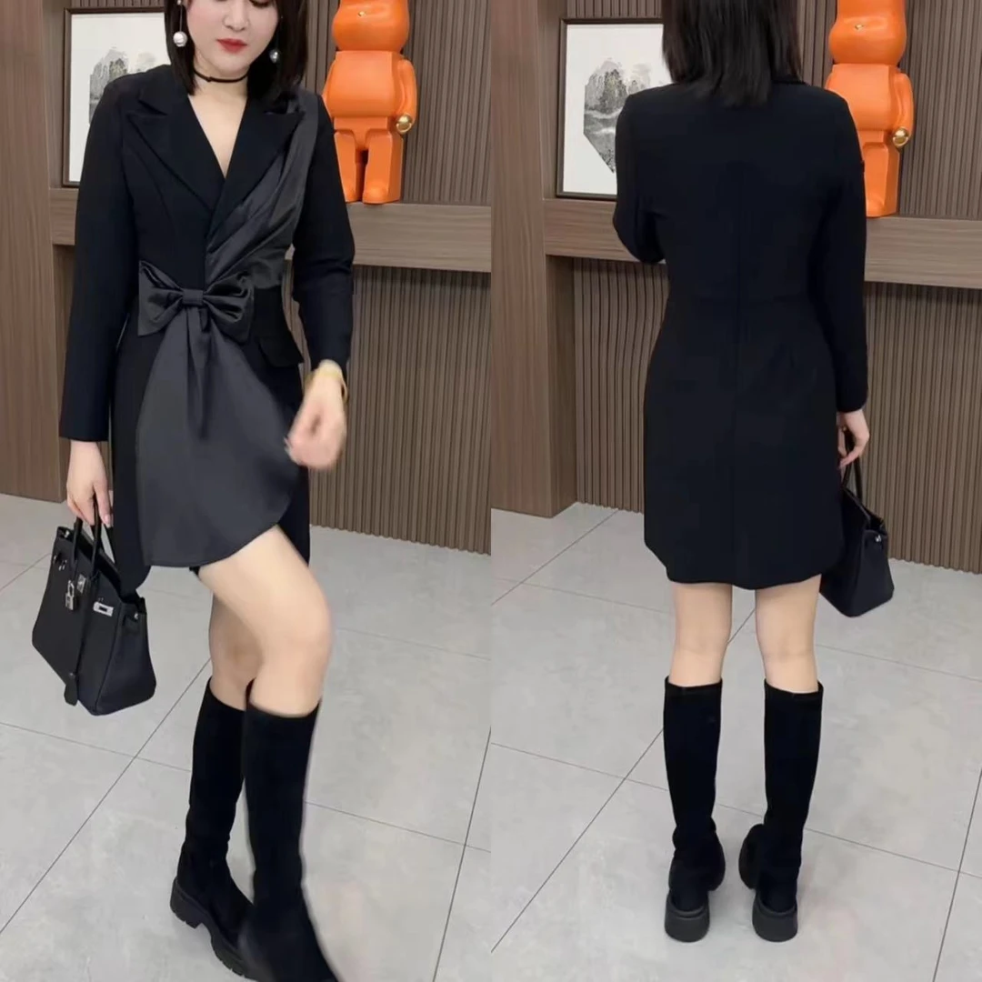 蝴蝶结西装小众连衣裙女气质洋气设计感小黑裙显瘦1611