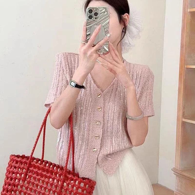 法式高级感亮片单排扣领短袖针织开衫女春夏新款小女孩上衣夏季