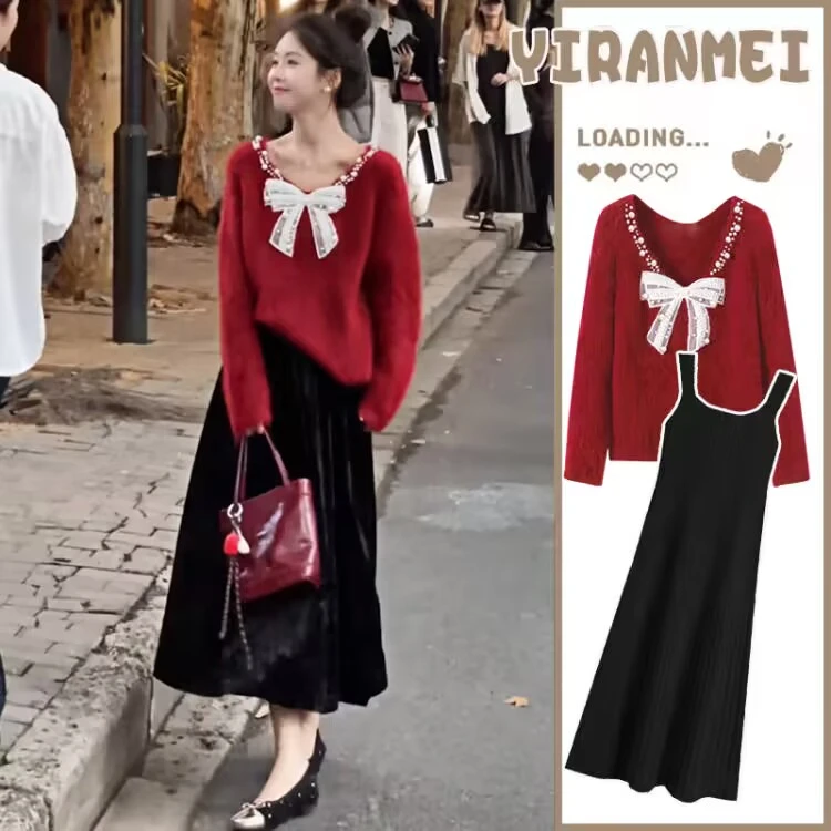 孕妇套装冬季新时尚气质蝴蝶结V领孕妇毛衣+跨年圣诞喜庆红连衣裙