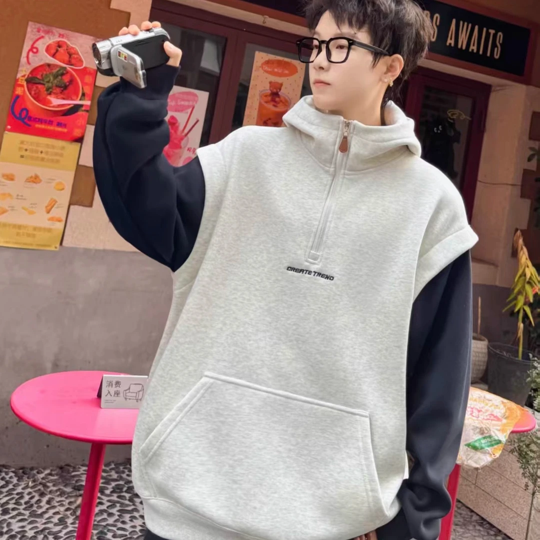 男大童加绒字母刺绣假两件连帽卫衣 25057（150-180）