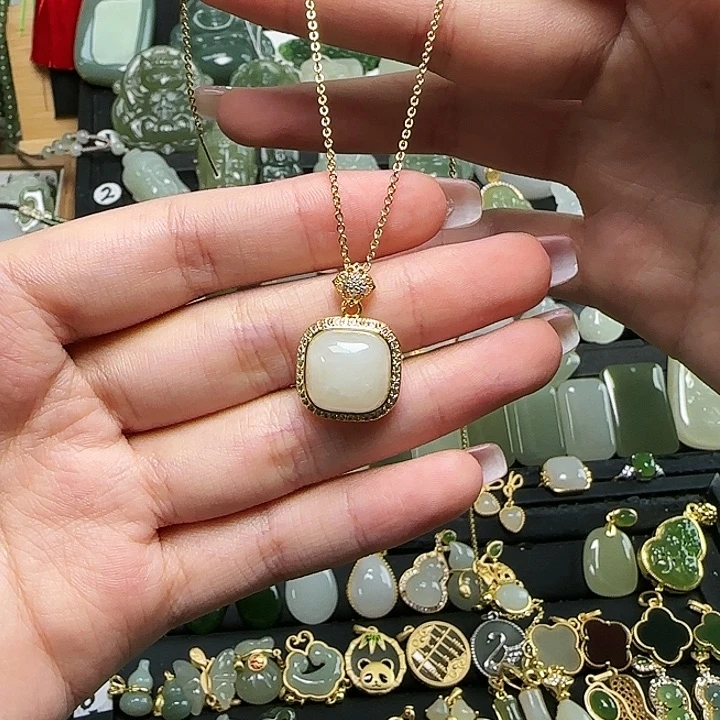 颈饰银S925镶嵌和田玉送链子送绳