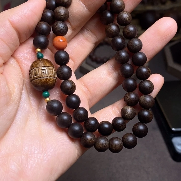 沉香手串越南芽庄紫棋0.8设计➕富森红土沉香木雕