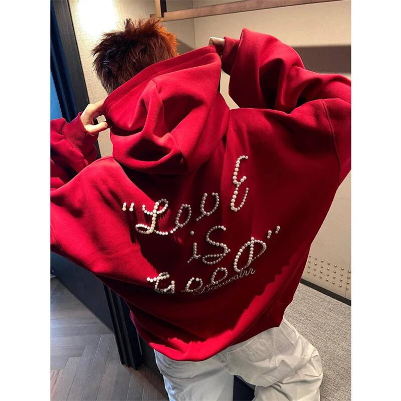 美式小众复古cleanfit拼接珍珠字母卫衣男生高街潮牌连帽运动外套