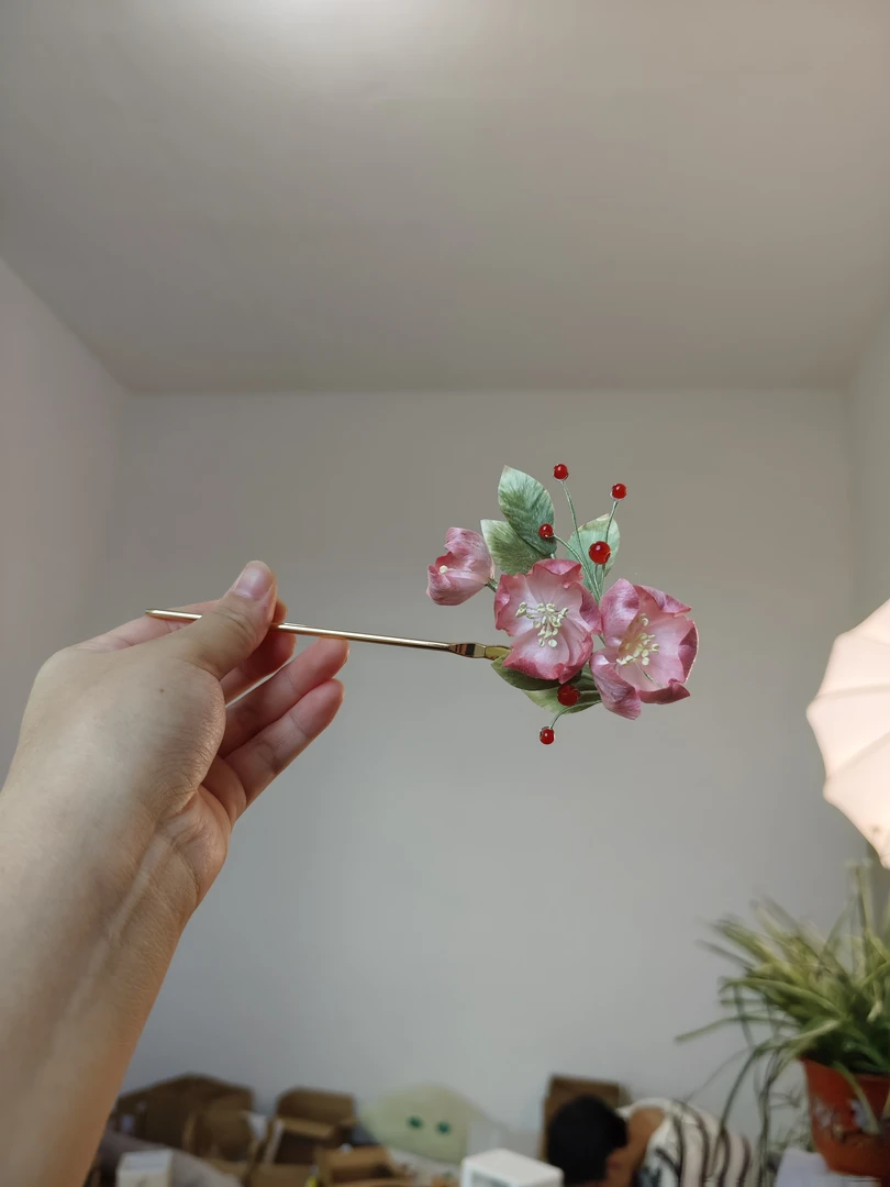 设计款海棠花，非遗绒花发饰