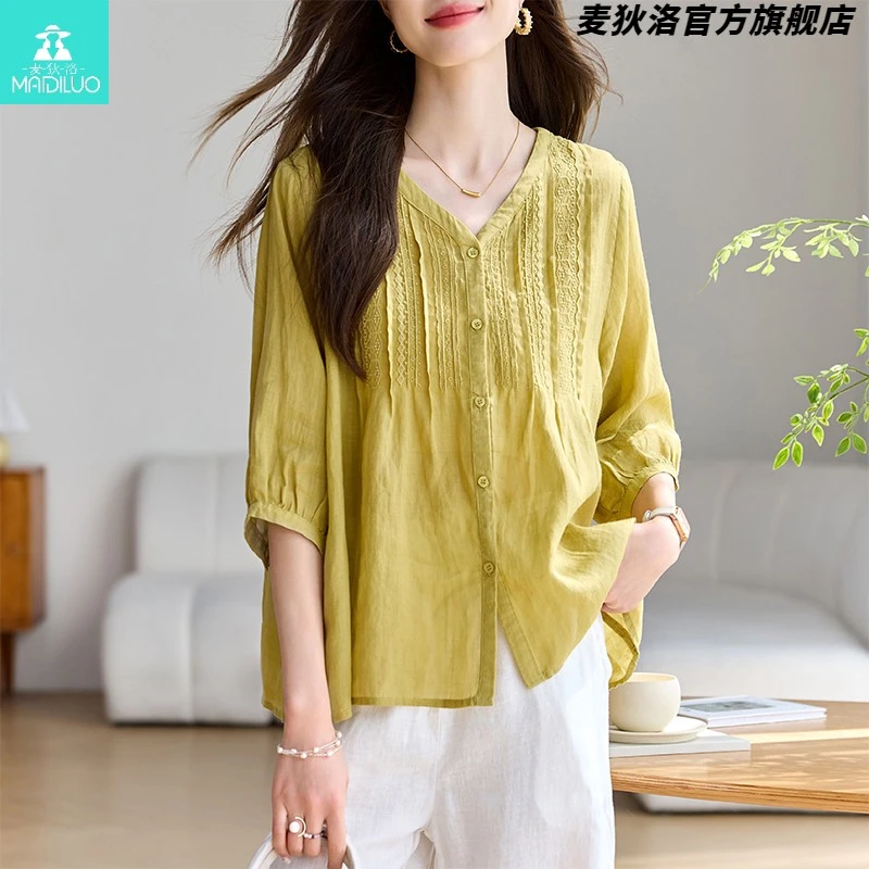 女麻上衣女装高端女麻品质短袖女2025新款刺绣品质五分袖t恤半袖