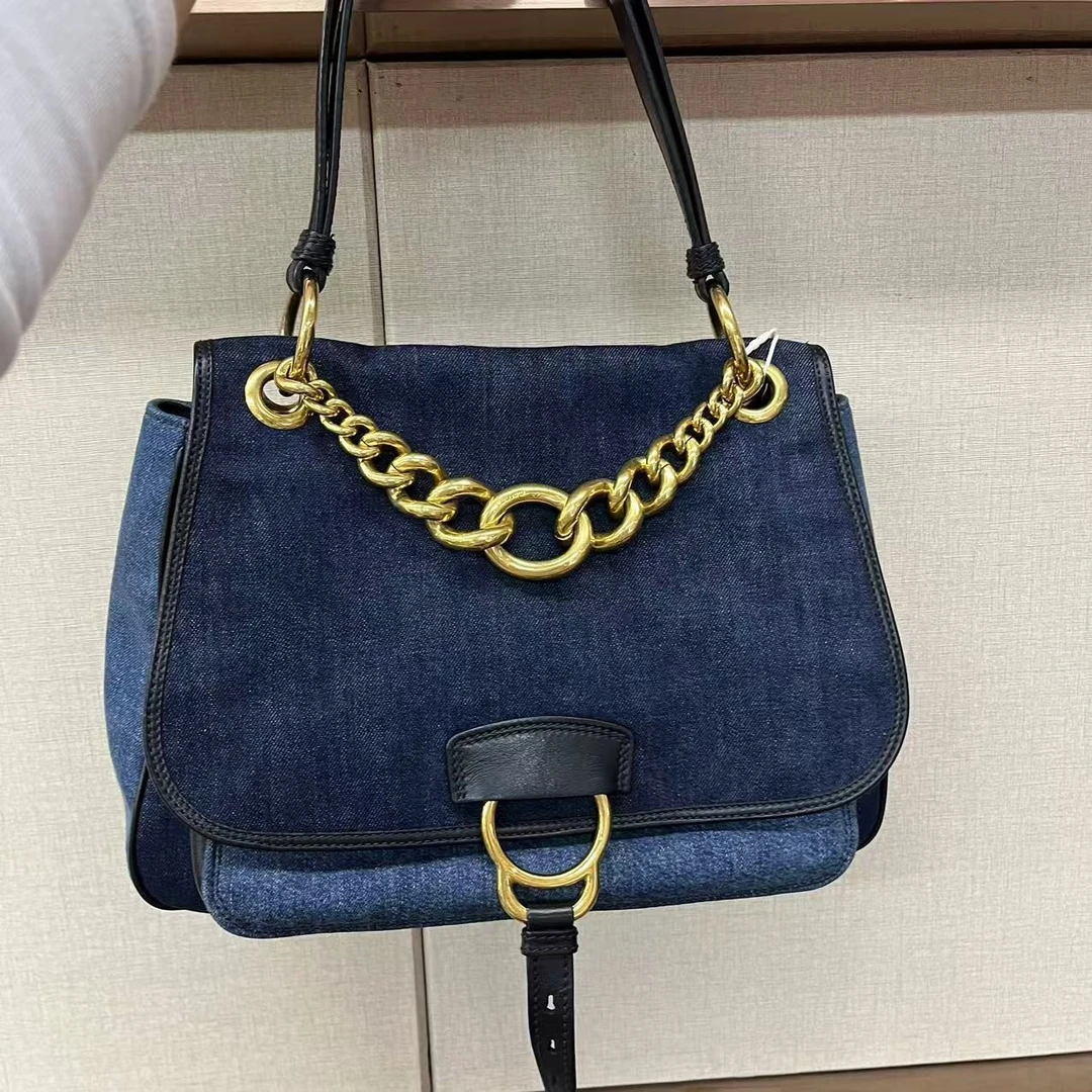 95新 MIU MIU/缪缪 拼色牛仔链条单肩包/云海优选/H21694