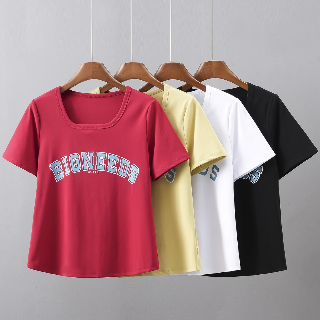 2025新款胖mm短袖印花夏季大码女弹力U领T恤打底休闲风显瘦上衣