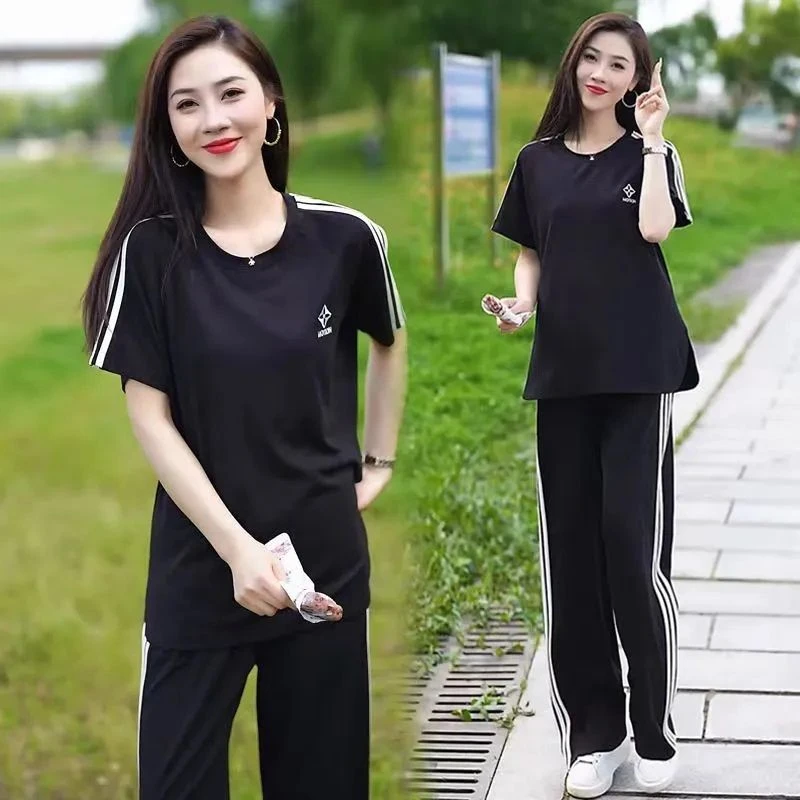 休闲运动服套装女夏新款时尚韩版大码阔腿短袖长裤显瘦宽松两件套