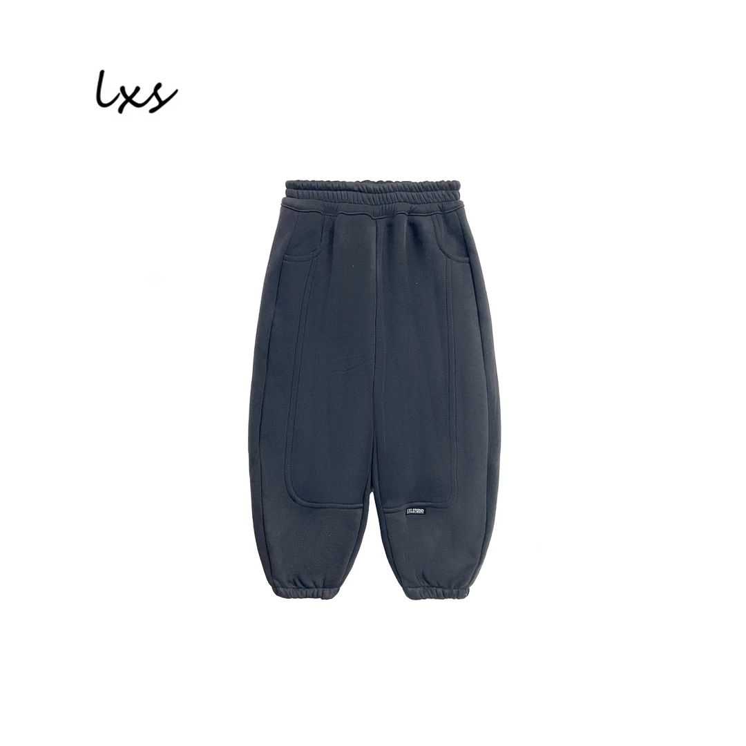 鹿小生童装冬季儿童加绒休闲韩版宽松时尚百搭休闲卫裤FK9005深灰