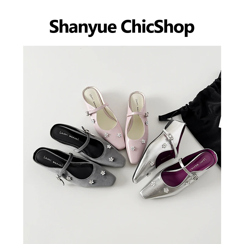 【SHANYUE】 -内增高4.5cm 春夏法式水钻花朵内增高穆勒拖