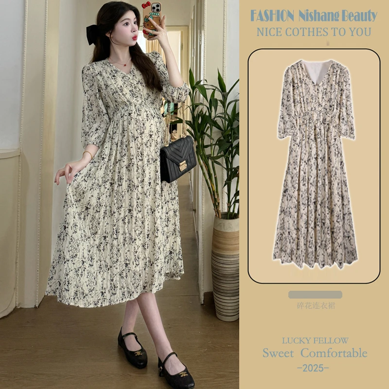 孕妇春夏装新款法式优雅复古时尚宽松遮肉收腰显瘦长袖碎花连衣裙
