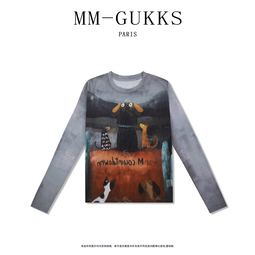 明明GUKKS『油画』夏季薄款透气百搭印花卡通小狗防晒T恤上衣