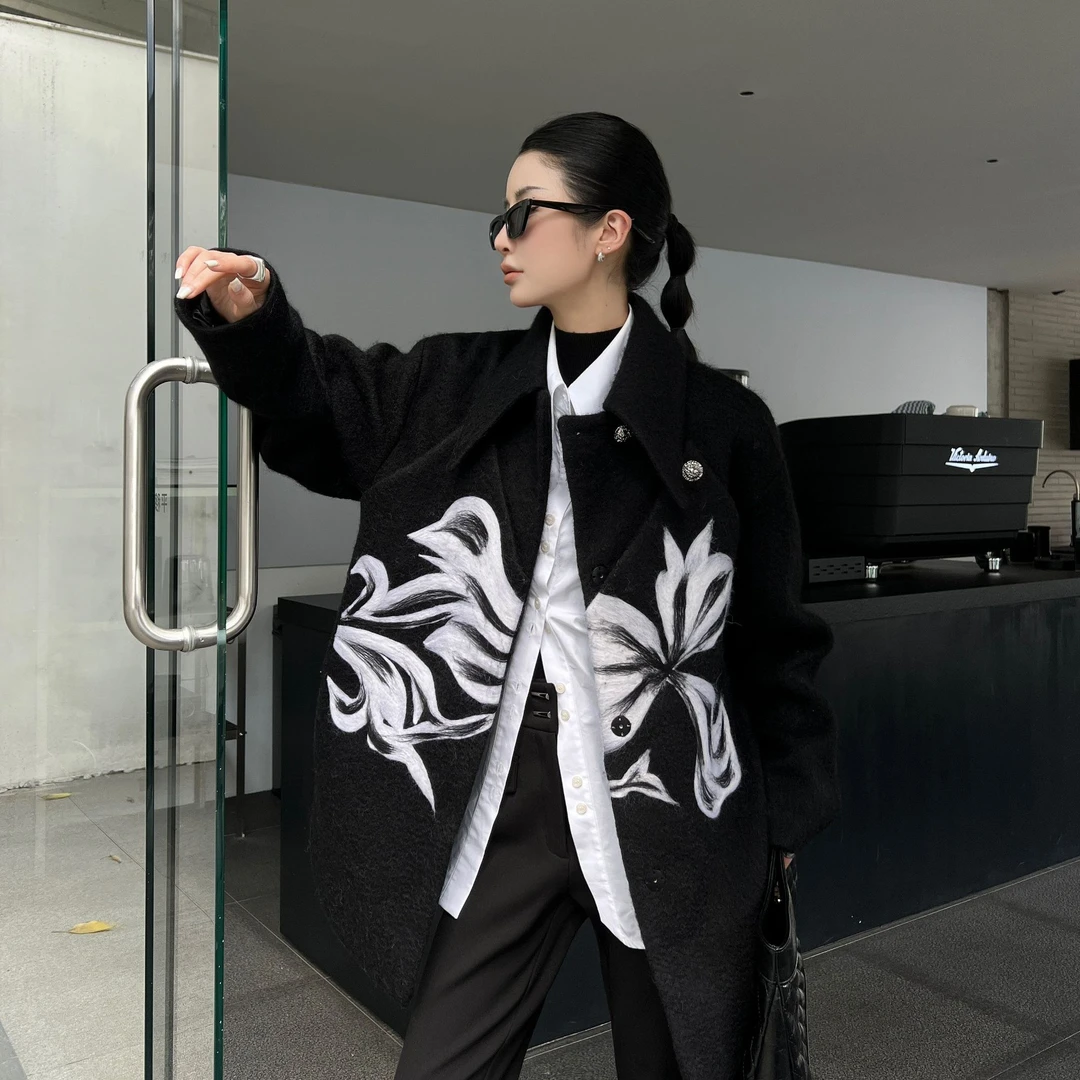 QIANJIE家独立原创小众设计师秋冬植物花卉翻领毛呢外套35531