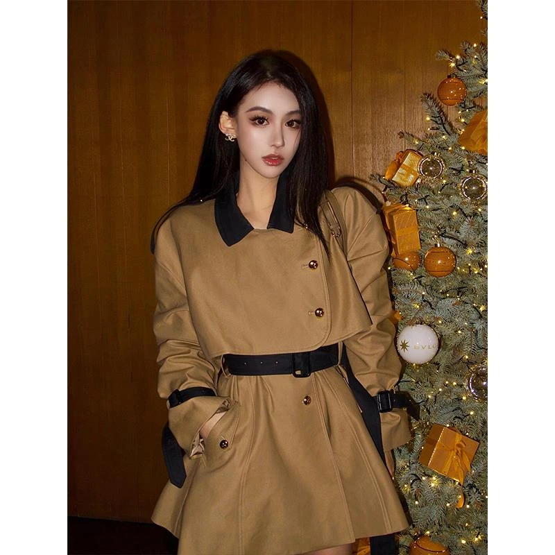 卡其色裙摆风衣女2025秋新品气质小个子高级感中长款时尚覆古外套