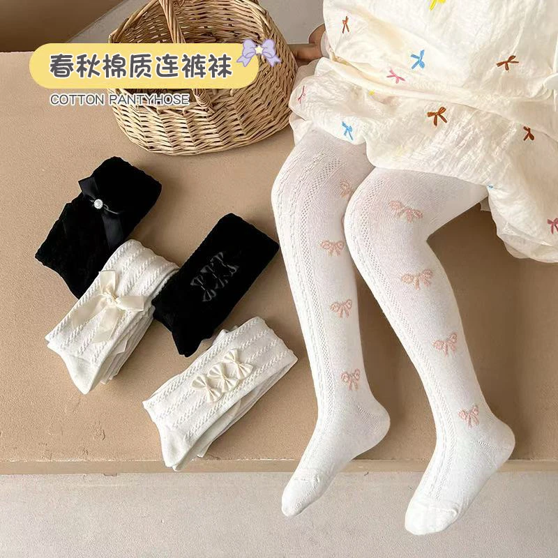 女童夏季薄款白色连裤袜公主洛丽塔高弹侧边蝴蝶结儿童打底袜