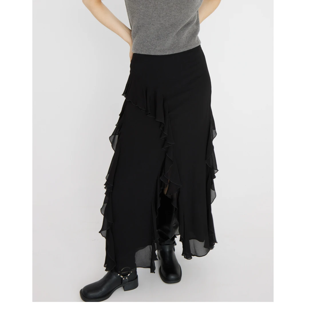 Heemmi/赫觅设计师品牌 25秋 人丝乔其不规则荷叶边开衩飘逸半裙