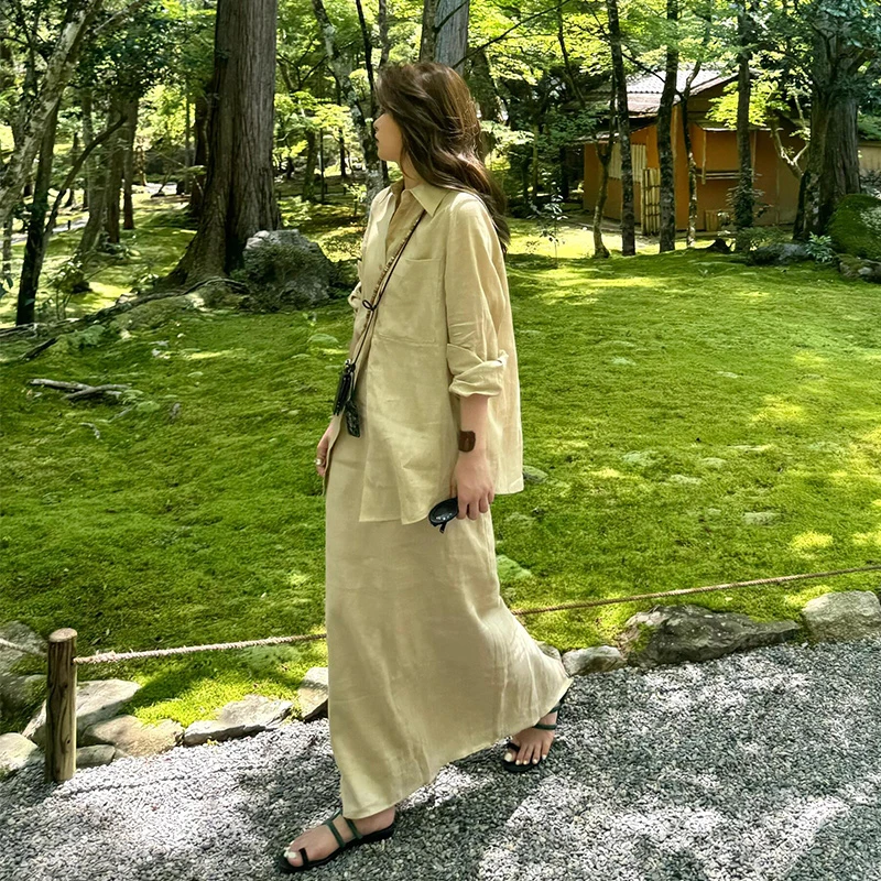 休闲度假亚麻衬衫套装女春夏ins慵懒宽松防晒衬衣半裙棉麻两件套