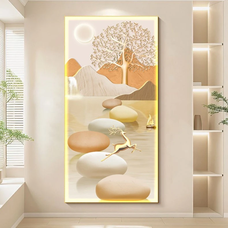 麋鹿山水led灯画入户玄关装饰画走廊过道挂画壁画简约现代奶油风